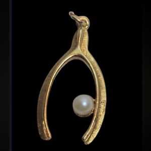 Wishbone faux pearl pendant, gold tone